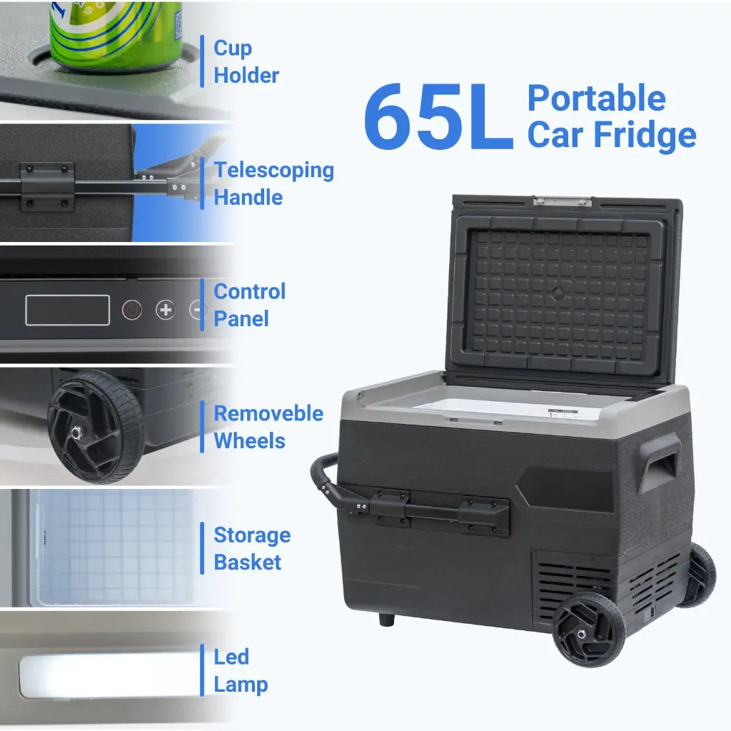 SMAD 65L 12v vehicle cooler with cup holder, removable wheels, led lamp