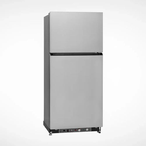 Large capacity gas powered refrigerator in a rustic cabin kitchen, stainless steel finish for remote homes