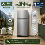 SMAD 540L propane refrigerator with dual power options, supporting LPG propane gas and AC 110V electric operation for off-grid and home use.