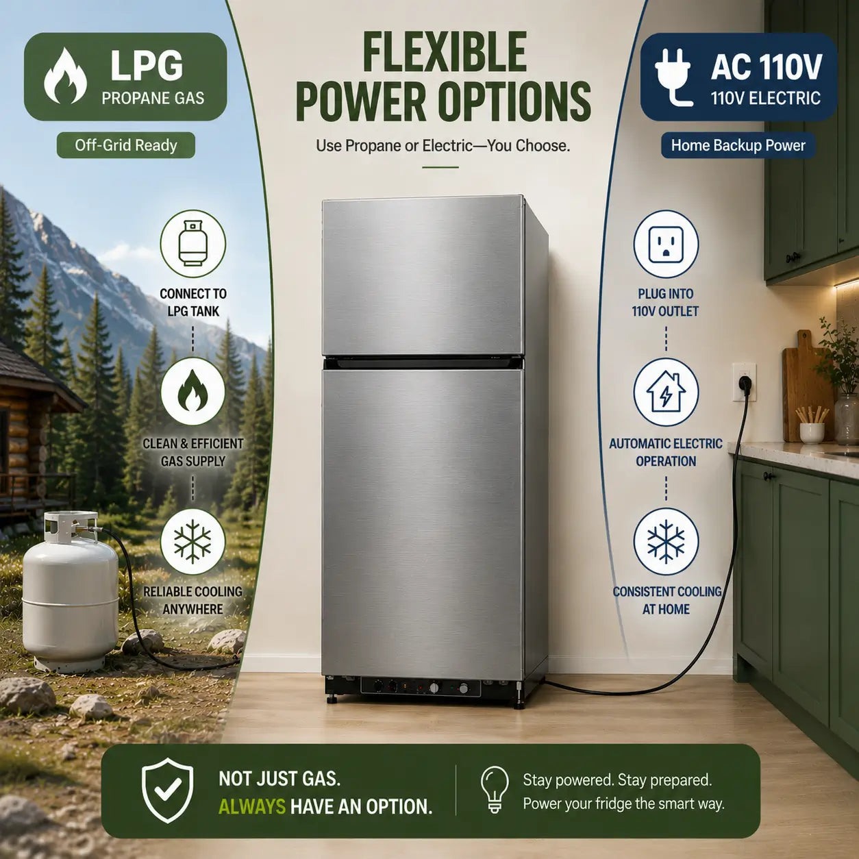 SMAD 540L propane refrigerator with dual power options, supporting LPG propane gas and AC 110V electric operation for off-grid and home use.