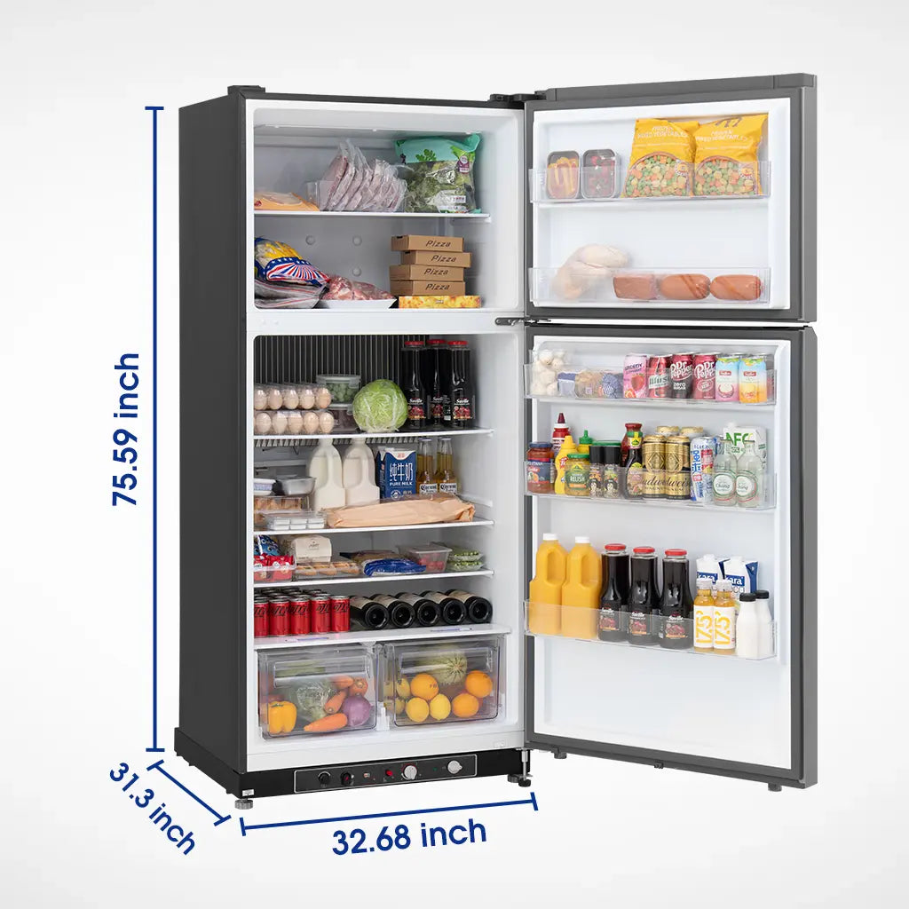 SMAD Stainless Steel 19 cubic feet propane fridge interior with adjustable shelves and 4.9 cu. ft. freezer storage