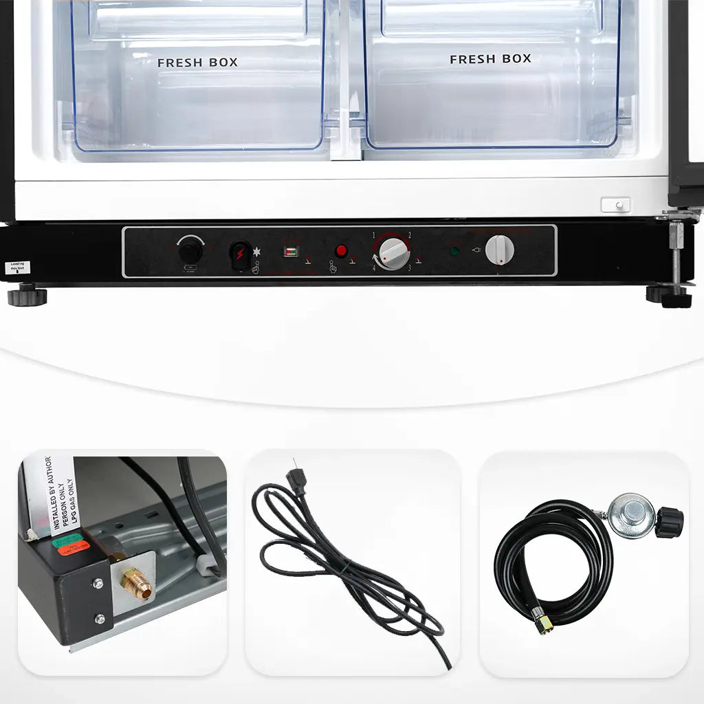 SMAD 2-Way power connection for LPG propane and 110V AC backup on a large off-grid refrigerator