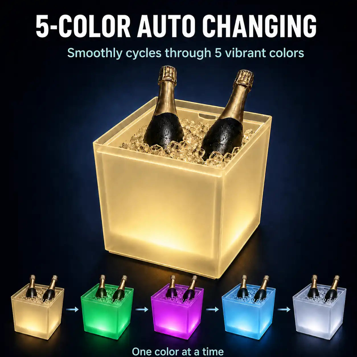 Modern square LED ice bucket displaying five color-changing light options