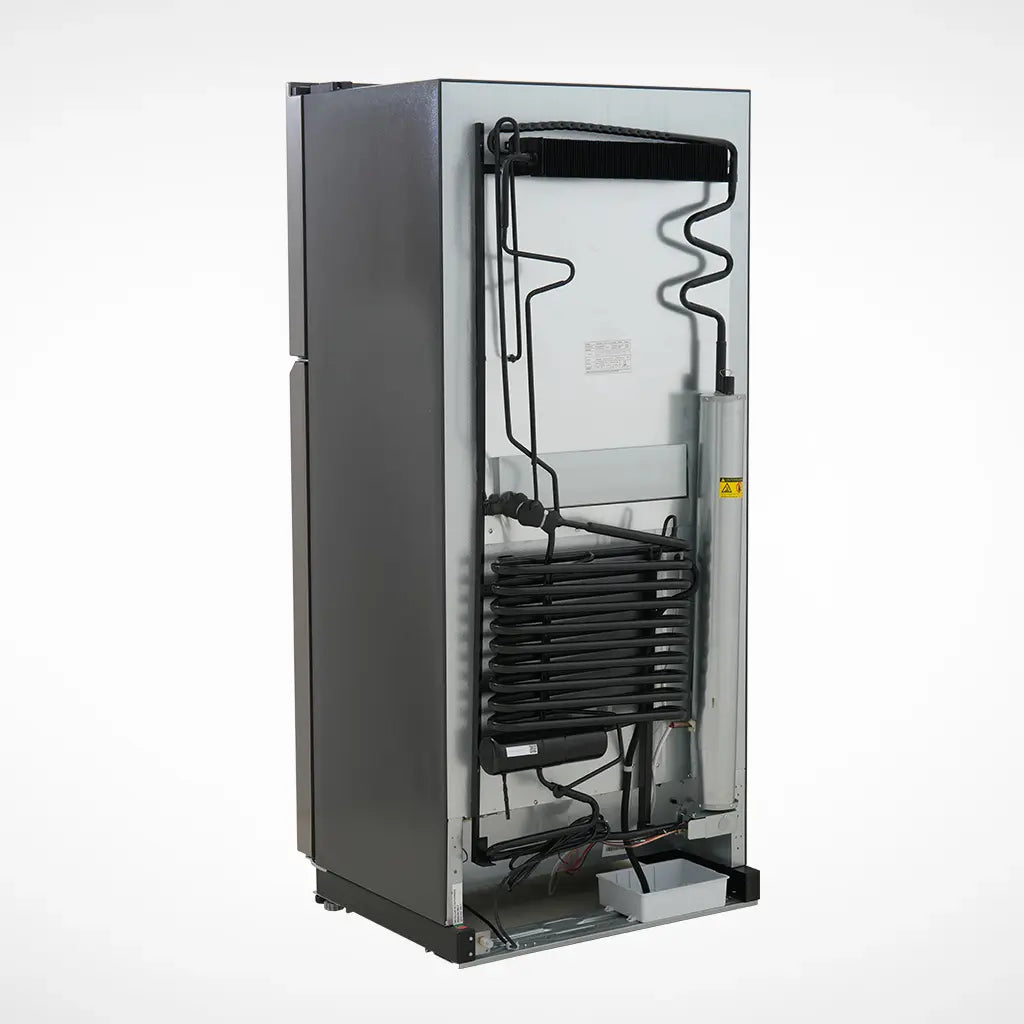 Durable, Absorption cooling system on the back of SMAD heavy-duty stainless steel gas refrigerator.