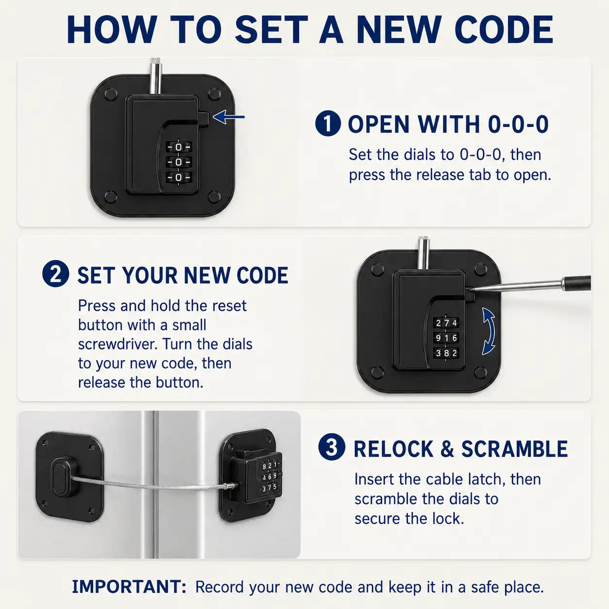 Instructions for setting a new code on the combination refrigerator lock