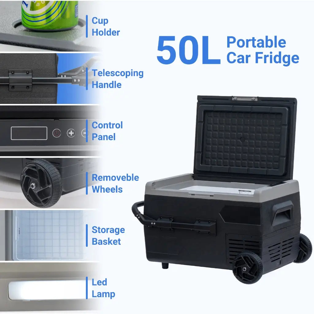 SSMAD 50liter fridge for car with led lamp,cup holder,storage basket