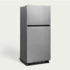 Large capacity gas powered refrigerator in a rustic cabin kitchen, stainless steel finish for remote homes