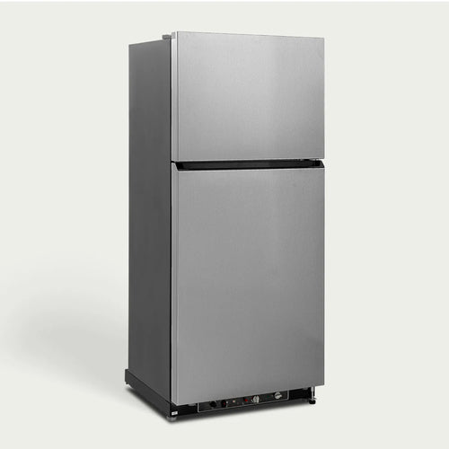 Large capacity gas powered refrigerator in a rustic cabin kitchen, stainless steel finish for remote homes