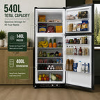 SMAD 540L propane refrigerator with 140L freezer and 400L fresh food compartment, large-capacity absorption refrigerator for off-grid living.