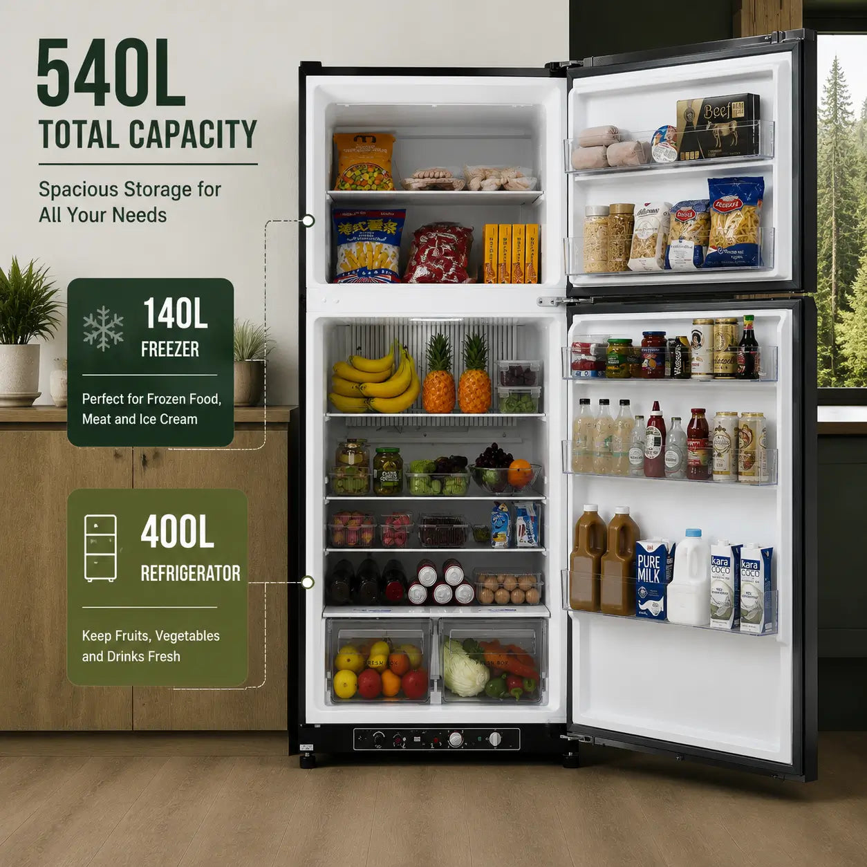 SMAD 540L propane refrigerator with 140L freezer and 400L fresh food compartment, large-capacity absorption refrigerator for off-grid living.
