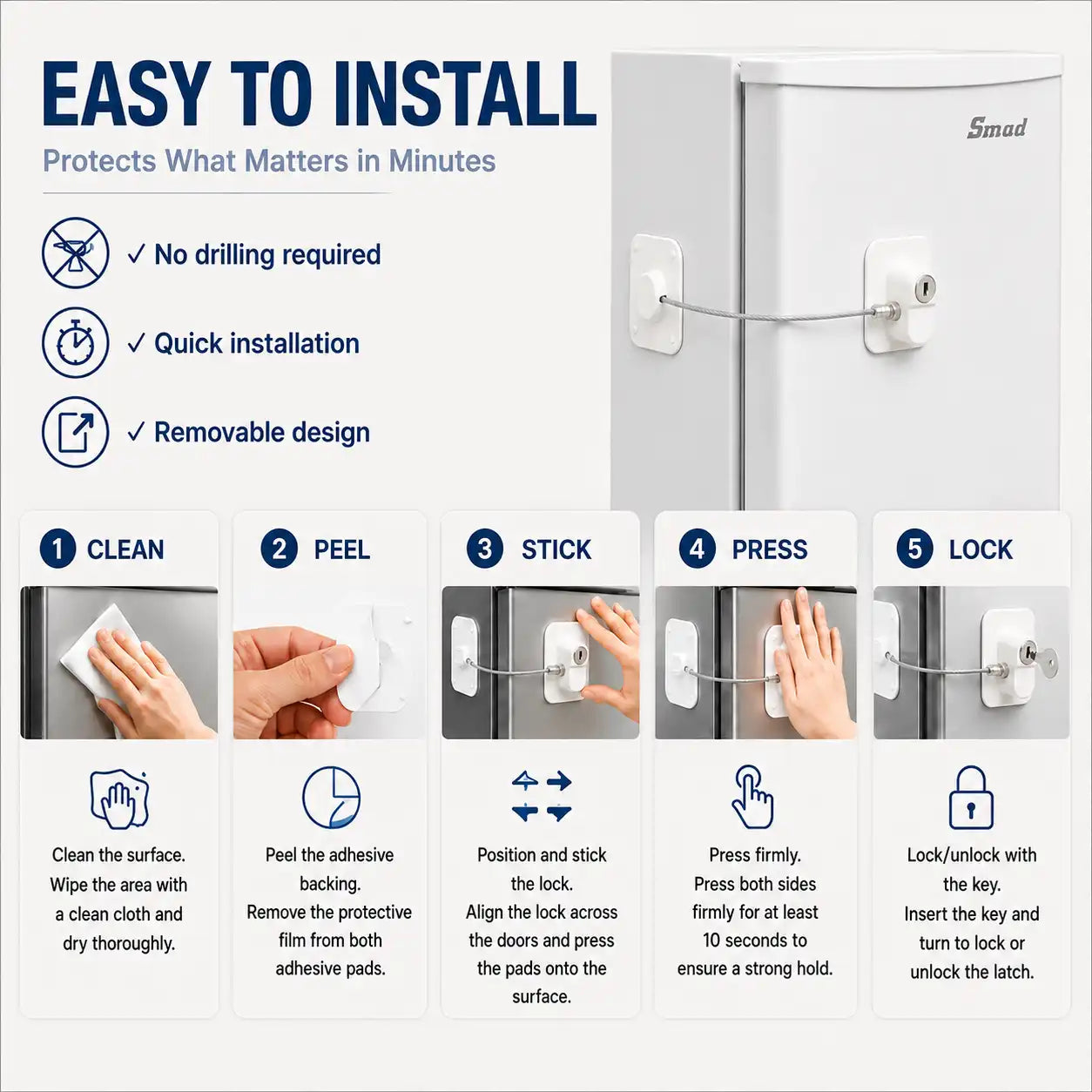 Easy installation steps for adhesive refrigerator locks without drilling