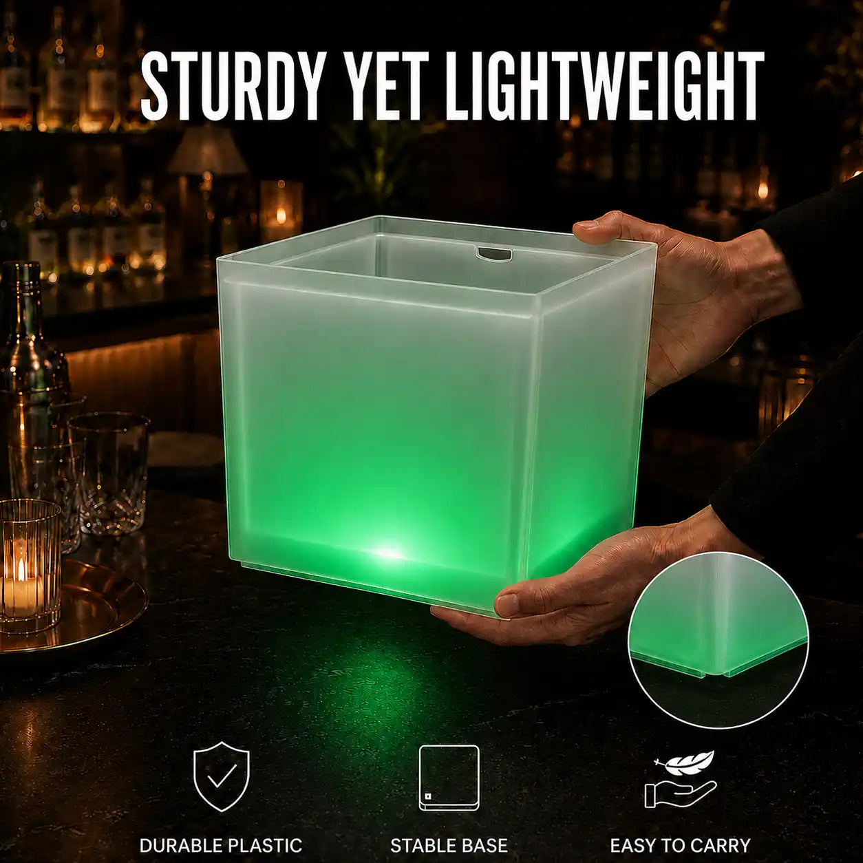 Sturdy lightweight modern square LED ice bucket with stable base