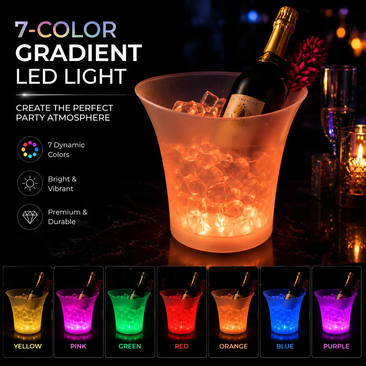 Classic round LED ice bucket with seven-color gradient lighting modes