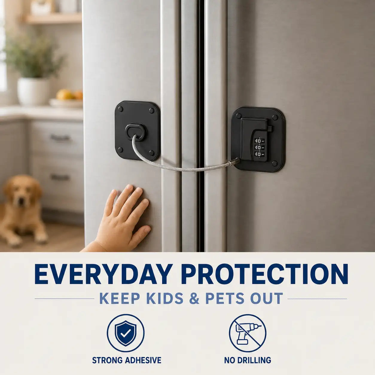 Black refrigerator lock installed on a cabinet for everyday child safety protection