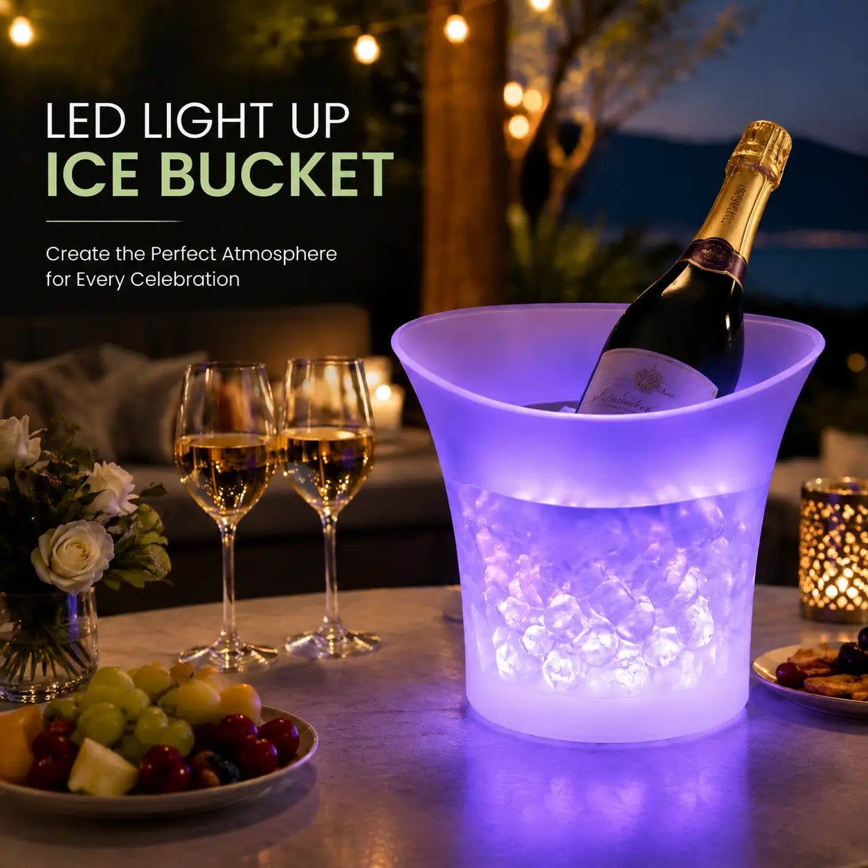 Classic round LED light-up ice bucket cooling wine at a bar party