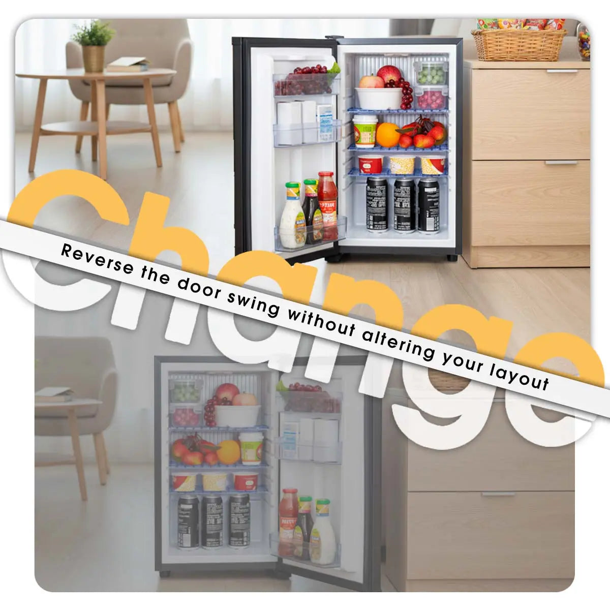 SMAD black refrigerator with lock, adjustable feet, and reversible door