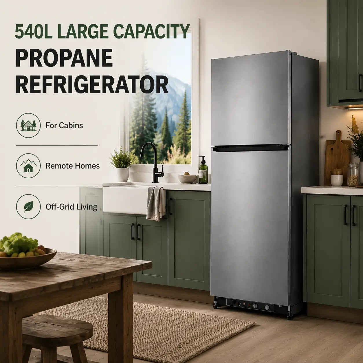 SMAD 540L large-capacity propane refrigerator for off-grid living, ideal for cabins, remote homes and self-sufficient households.