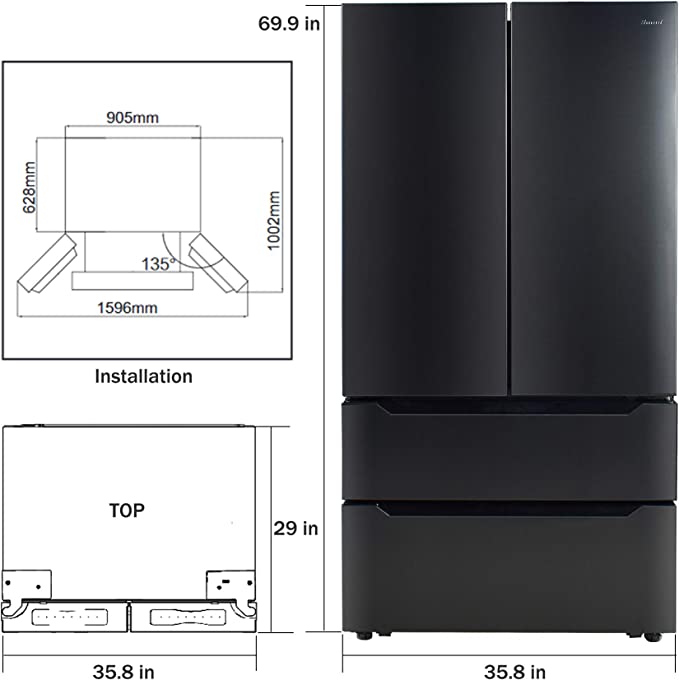 SMAD 22.5 cu.ft Counter Depth French Door Refrigerator  - dimensions view black